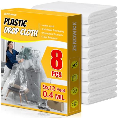 ZENOWICK 8 Pack Plastic Drop Cloth, 9x12 Ft Plastic Sheeting for Painting
