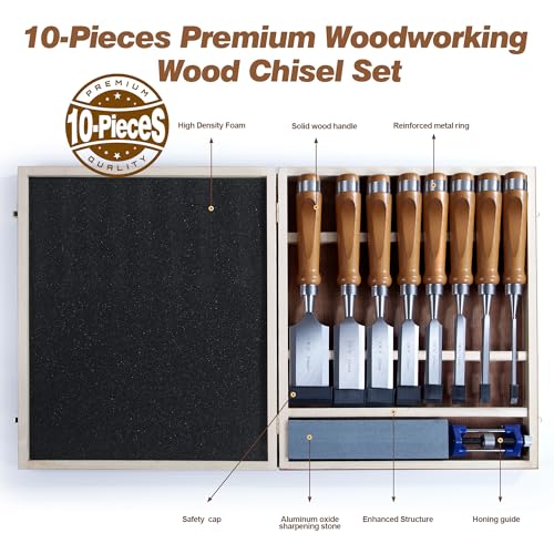 10Pcs CR-V60 Steel Wood Chisel Set with Sharpening Kit & Wooden Storage Box
