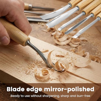 Wood Carving Kit – 12 PCS Professional Wood Carving Tools Set with Mallet & Canvas Case, Pre-Sharpened CR-V 60 Steel Gouges and Chisels for Whittling, Spoon Carving, Beginners & Professionals