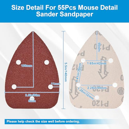 55Pcs Mouse Detail Sander Sandpaper, 5 Hole Triangle Sanding Pads