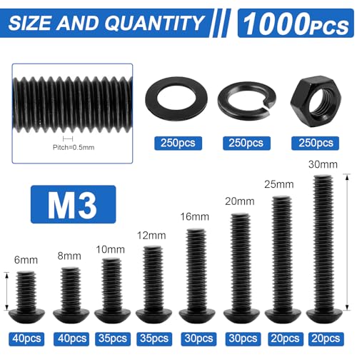 1000Pcs UIETUIL M3 Hex Socket Button Head Screws Kit, M3x6-30mm, 10.9 - size: M3 Button 10.9 - 1000PCS