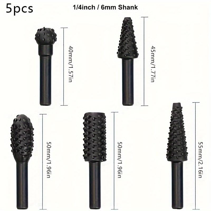 5PCS Wood Carving Bits Set, 1/4" Shank Rotary Burr Rasp Files for Drill, High Carbon Steel Woodworking Tools for Shaping, Carving, Grooving, Polishing, DIY Crafts & Woodworking Projects