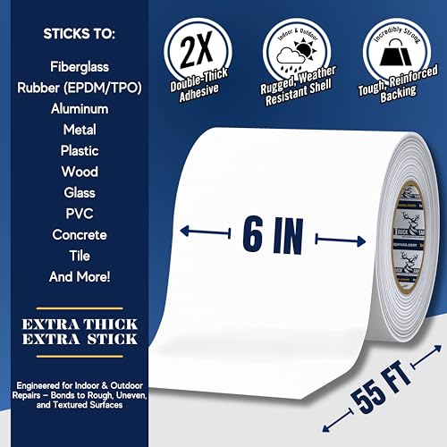 8 Pack Buck RV Roof Sealant Tape – 6 Inch x 55ft, 40 Mil – Waterproof RV Tape for Roof Repair, Seams, Skylights, Vents & Window Leaks on Camper, Trailer & Boat, UV Resistant & Weatherproof, White - size: 6 Inch, style: 8 Pack