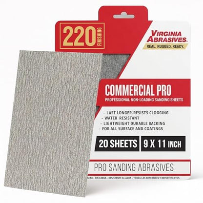 Sandpaper Sheets Commercial Pro, 220 Grit, Very Fine, 9” x 11”, 20 Pack - style: 220 Grit