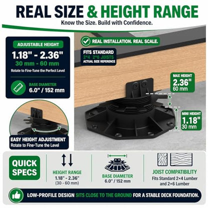 Deckit 12-Pack Adjustable Deck Support Pedestals, 1.18"–2.36" (30–60 mm), for 2×4 & 2×6 Joist Framing, Ground Support & Leveling for Patio, Shed Base & Floating Deck Includes Screws - size: 12 Pack