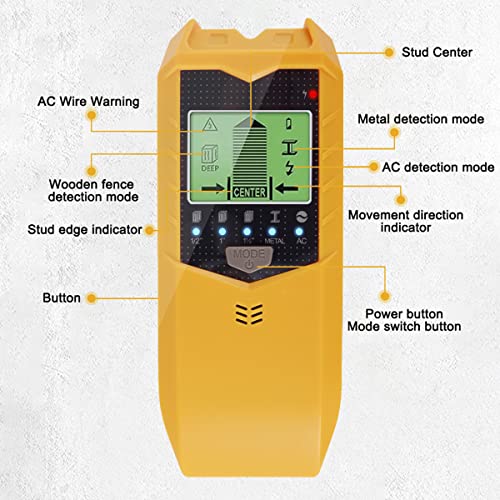 Stud Finder Wall Scanner, 5 in 1 Electronic Stud Sensor, Metal Detector Wall Scanner, Wall Wood Detector Scanner with LCD Display & Audio Alarm for Wood Metal Pipe Studs AC Wire Detection (Yellow)