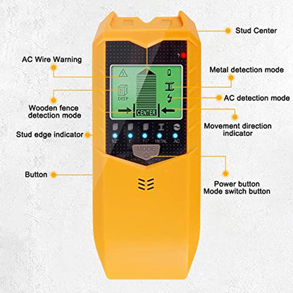 Stud Finder Wall Scanner, 5 in 1 Electronic Stud Sensor, Metal Detector Wall Scanner, Wall Wood Detector Scanner with LCD Display & Audio Alarm for Wood Metal Pipe Studs AC Wire Detection (Yellow)