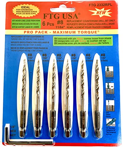 FTG USA 6 Pc #8(11/64") Replacement Tapered Countersink Drill Bit Hex Shank - size: #8, style: 6 Piece Same Size