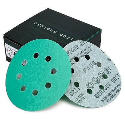 Serious Grit - 5-Inch 8-Hole P400 Grit Sanding Discs - 50 Pack Box - size: 400 Grit