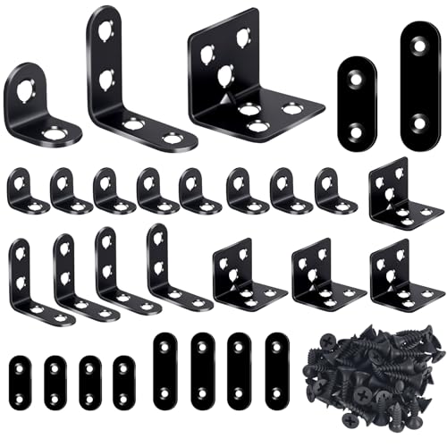24PCS Stainless Steel L Brackets, Heavy Duty Corner Braces for Wood Furniture & Shelves, 5-Size Black Metal Angle Brackets with Screws(0.79/1.2/1.4/1.57/1.97inch) - size: 100PCS 5 Sizes L Brackets-Black