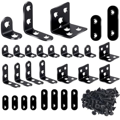 24PCS Stainless Steel L Brackets, Heavy Duty Corner Braces for Wood Furniture & Shelves, 5-Size Black Metal Angle Brackets with Screws(0.79/1.2/1.4/1.57/1.97inch) - size: 100PCS 5 Sizes L Brackets-Black