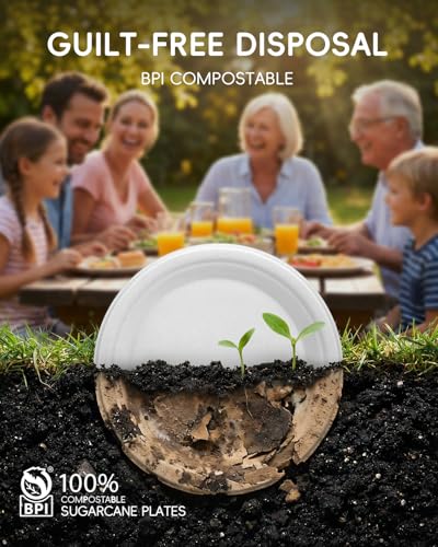 Goodluck 10 Inch White Compostable Sugarcane Paper Plates, 100 Pack - size: 10 inch
