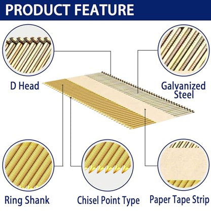 HW HAMWOO 34°Framing Nails,Ring Shank,2",2-1/2",3",3-1/2":960Pcs