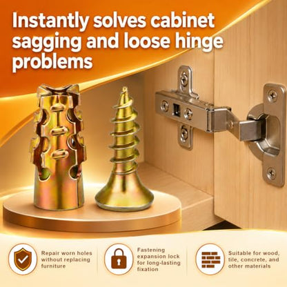 50pcs Hinge Repair Screws & 50pcs Expansion Anchors, Premium Short Expansion Screw Set for Cabinet Door Suitable for Wood Concrete Tile and More