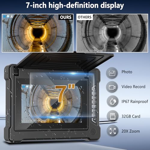 Sewer Camera 7 inch with Meter Marker, 100ft Pipe Endoscope with 32GB DVR, 20x Zoom, 12 LED Lights, IP68 Waterproof 23MM 1080P Camera for Pipe Inspection - size: Without Self leveling