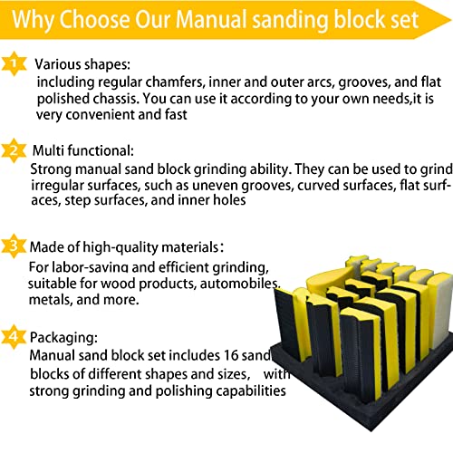56 PCS Hand Sander Blocking Kit- 16 PCS Hand Sanding Block Set + 40 Sheet Hook & Loop Sandpaper Kit - Interchangeable Assorted Convex & Concave Shapes for Moldings, Baseboards, Woodworking