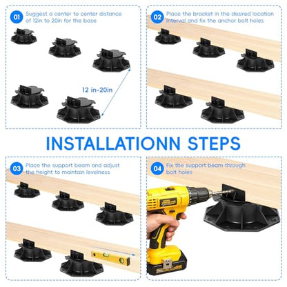 20Pack Adjustable Deck Support Base – Heavy Duty 4600LBS Load Capacity PP Pedestal System, Easy Leveling Joist Support for Patio, Walkway, Shed, Outdoor Wood & Composite Flooring Black