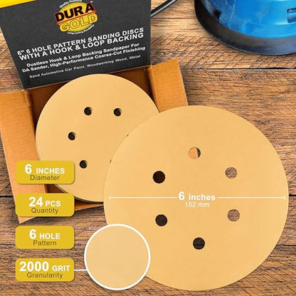 Dura-Gold 6" Gold Sanding Discs, 2000 Grit, Box of 24, 6 Hole Pattern H & L - size: 2000-Grit