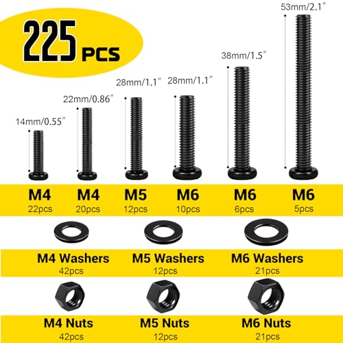225pcs M4 M5 M6 Pan Head Bolts Nuts Assortment Kit, 14/22/28/38/53 mm - size: B M4M5M6 225pcs