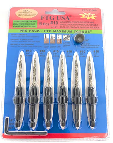 FTG USA 6 Pc #10 (3/16") Tapered Countersink Drill Bit Set with 1 Stop - size: #10, style: Same Sort 6 Pc