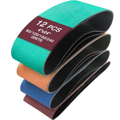 4" x 24" Sanding Belts for Belt Sander, Assorted Grits 12 Pcs (3 Each of 80 120 150 240), Aluminum Oxide Sanding Belts for Woodworking Metal Polishing Knife Sharpening - size: 4" x 24"