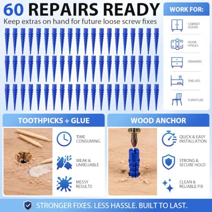 Bokon 60 Pcs Wood Anchor, Stripped Screw Hole Repair Kit,Blue - color: Blue