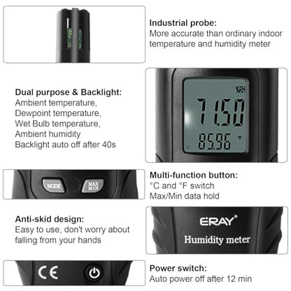 ERAY Digital Psychrometer Thermometer Hygrometer with Backlight - color: Black