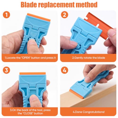 4 Pack Razor Blade Scraper, 25 Blades, Long Handle Scraper Tool (Blue) - color: Blue