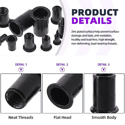 Swpeet 100Pcs Carbon Steel Rivet Nuts Kit, Metric M5 Rivnuts Nut Sert Kits, Black Zinc Plated Carbon Steel Rivet Nut Inserts Nutserts Kit, Flat Head Threaded Insert Nut Assort - size: M5