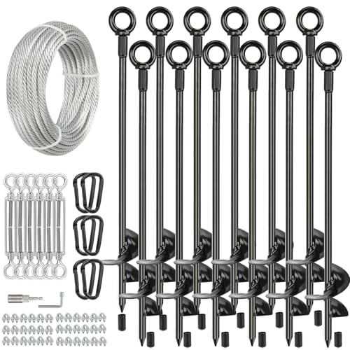 12 Pcs 30" Long Ground Anchors Shed Anchors Kit with 3/16" Galvanized Cable & Turnbuckles & Carabiners, Heavy Duty Earth Anchors for Sheds Trees Trampoline Greenhouse Swing Set Tent - size: 12PCS
