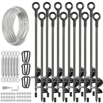 12 Pcs 30" Long Ground Anchors Shed Anchors Kit with 3/16" Galvanized Cable & Turnbuckles & Carabiners, Heavy Duty Earth Anchors for Sheds Trees Trampoline Greenhouse Swing Set Tent - size: 12PCS