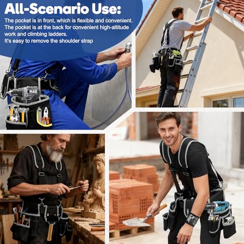 Tool belts for men - multi-functional detachable adjustable tool belt with shoulder strap magnetic wristband set, suitable for electricians and carpenters。 (black and gray) - color: Black and Gray