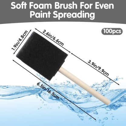 100 Pack 2 Inch Foam Paint Brushes, Black Sponge Brush Set with Wood Handles, Bulk Foam Brush for Stains, Varnishes, Acrylics, Crafts, DIY Projects, Smooth Finish