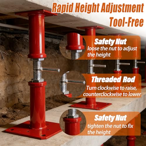 11"-22" Adjustable House Floor Jack, 11023 lbs Max Load Capacity Screw Jack - color: Red, size: 11-22 Inches(4 Pack)