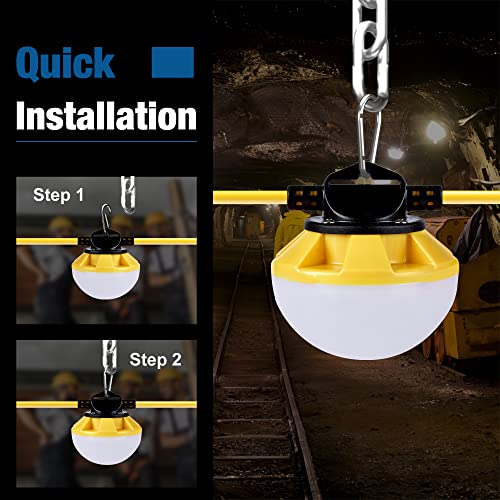 LED Construction String Light 50FT, 50W 6000Lm,18AWG Wire,5000K Linkable String Work Lights with 5 Bulbs & Hooks, Industrial Temporary Lighting for Construction Site, Crawl Space,Job Site,Attic - size: 50FT-2Prong