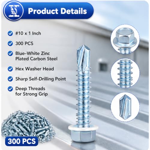 300PCS #10x1 Self Tapping Metal Screws for Roofing Wood Hex Zinc Plated