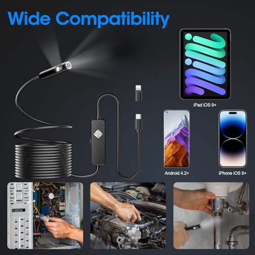 Endoscope with Light, 1920P HD Borescope with 8 Adjustable LED Lights, Semi-Rigid Snake Camera, IP67 Waterproof Inspection Tool (16.4ft, Black + Dual Lens Wiring Harness) - size: 16.4ft