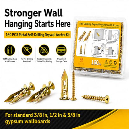 Jyphorixal 160 PCS Self Drilling Drywall Anchors with Screws Kit, Heavy Duty Metal Wall Anchors for Drywall, Sheetrock Anchors 0.47x1.18inch with Screws, No Drill Dry Wall Anchors and Screws Kit - size: 160Pcs 0.47X1.18inch