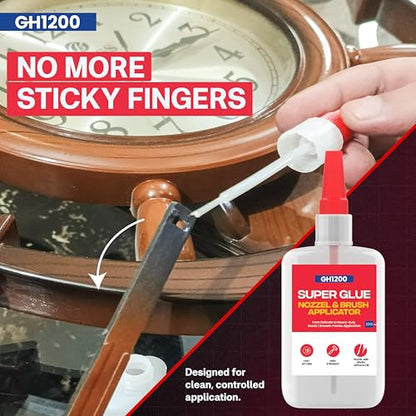 GH1200 2 PCs (2-in-1) Super Glue with Brush Applicator & Nozzle, Mess Free Superglue Brush, Instant Never Dries, 3000 CPS Ca Glue, No Stain Clear Glue, Super Glue for Plastic, Rubber & More - style: 20g x 2Pcs Super Glue Brush & Nozzle