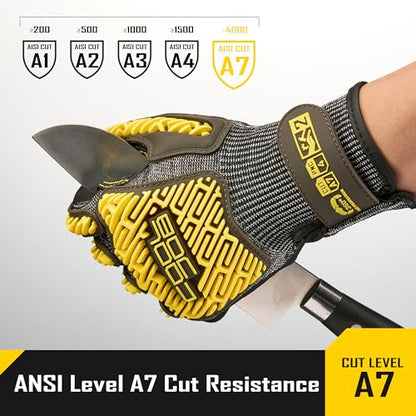 COOLJOB A7 Cut Resistant Work Gloves with TPR, Nitrile Coated Anti-Slip Impact Gloves, Touchscreen Heavy Duty Safety Mittens - size: Large