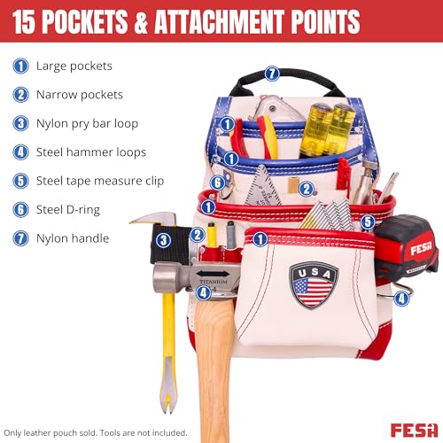 FESA Leather Carpenter Tool Pouch - 10-Pocket Heavy Top Grain Leather Carpenter Pouch with 2 Hammer Loops, Large & Small Pockets - Fits Work Belts up to 3" - Handcrafted - Country-Themed - color: White - USA