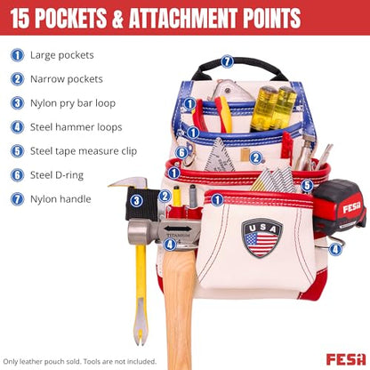 FESA Leather Carpenter Tool Pouch - 10-Pocket Heavy Top Grain Leather Carpenter Pouch with 2 Hammer Loops, Large & Small Pockets - Fits Work Belts up to 3" - Handcrafted - Country-Themed - color: White - USA