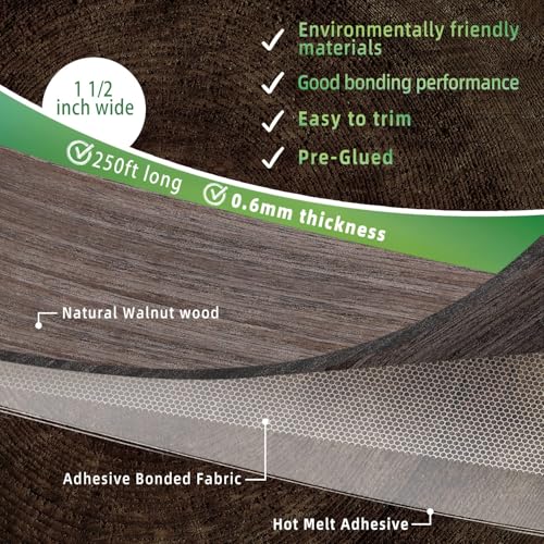 Walnut Edge Banding, 1 1/2 inch x 250ft roll of Veneer Wood Edge Banding Preglued Flexible, Tape Banding for Cabinet Plywood - color: Walnut, size: 1 1/2"x 250ft