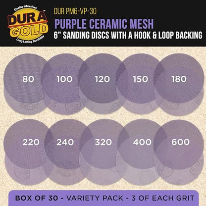 Dura-Gold 6" Purple Ceramic Mesh Sanding Discs, 30 Disc Variety Pack, Grits - style: Variety Pack