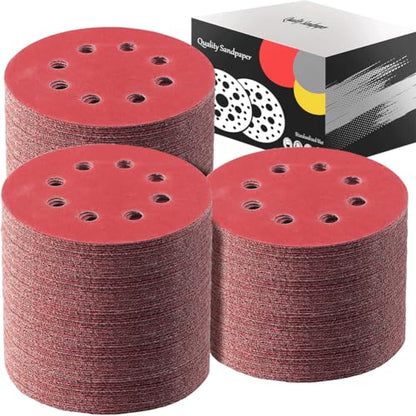 210PCS Sanding Discs 5 Inch 8 Hole, Orbital Sander Sandpaper, 5 Sanding Disc Hook and Loop Include 60/80/120/180/240/320/400/600 Assorted Grits Sandpaper, for Random Orbital Sander - style: 210Pcs Red Sandpaper for 'Project'