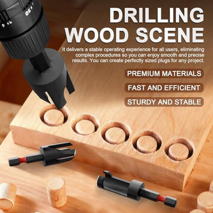 Wood Plug Cutter Drill Bit Set 16-Piece, Straight and Tapered Cutting Tools，Includes Screwdriver Bits and Masonry Drill Bit Set, 1/4" Hex Shank for Woodworking with Storage Box
