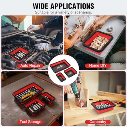 GOOACC 3 Sizes Collapsible Magnetic Parts Tray Set Red - color: Red