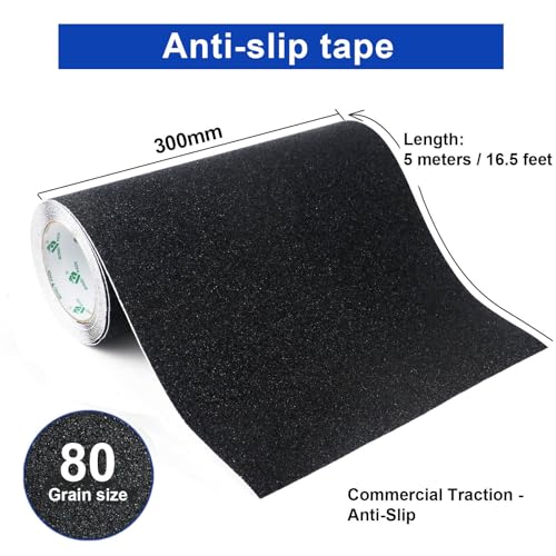 BOMEI PACK Anti Slip Tape, Black 12 Inch x 16.5Ft Grip Tape for Stairs Outdoor/Indoor, Waterproof Non Skid Roll for Stair Treads Non Slip, High Traction Abrasive Adhesive Stair Steps - size: 300mm