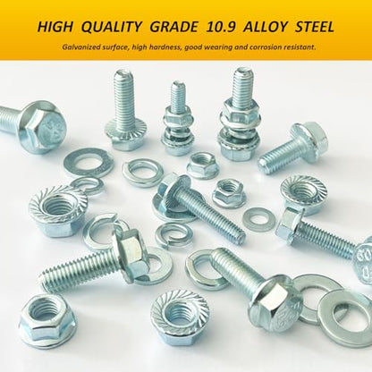 ZTF 300pcs Metric Flange Bolts and Nuts Assortment Kit, Heavy Duty Metric Machine Screws Nuts Washers, 10 Most Common Sizes Zinc Alloy Steel Grade 10.9 (Flange M6 M8 M10 Kit) - style: silver-M6 M8 M10 Flange Bolts