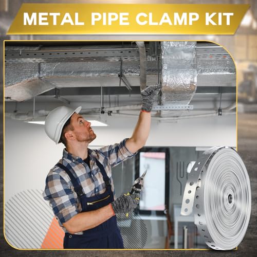 Galvanized Metal Pipe Strap & Aluminum Foil Tape Kit with 10" Aviation Tin Snips&gloves, 3/4” x 100ft 24-gauge Hanging Strap 2” x 65ft 3.9 Mil HVAC Foil Tape for DIY Ductwork Dryer Vent Pipe